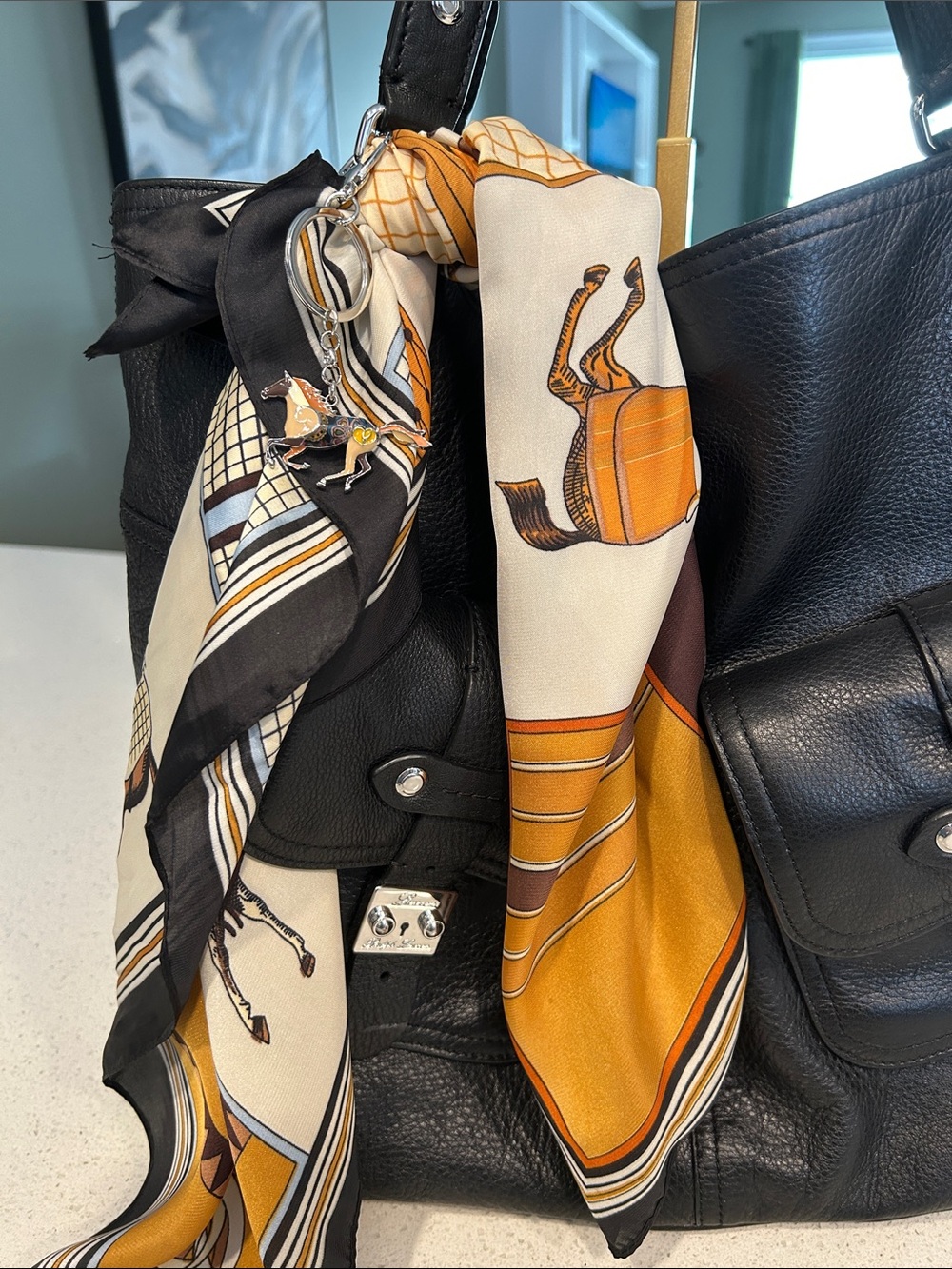 Ralph Lauren Black Pebbled Leather Shoulder Tote w/Equestrian Scarf & Charm - Picture 7 of 16